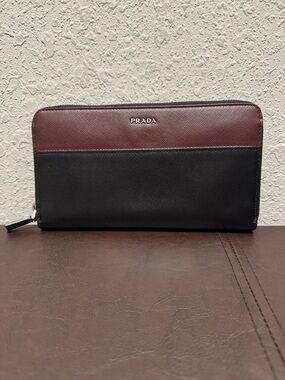 Prada Two-Tone Zip Wallet in Burgundy and Black